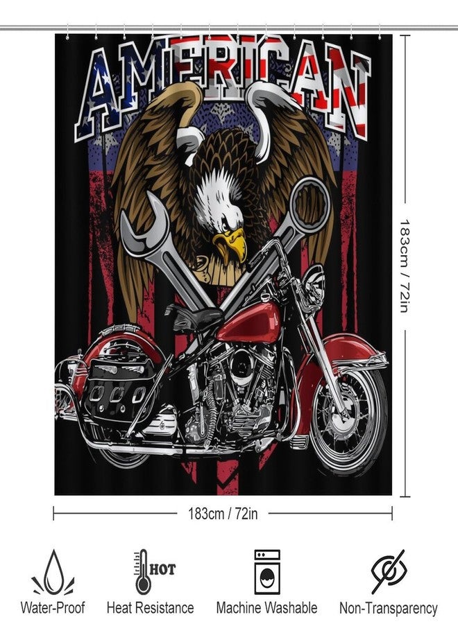 FBMLBRB Brebasf Funny Motorcycle Theme 4 Pcs Shower Curtain Bathroom Set Vintage Anime American Flag Eagle Red Motorcycle Shower Mat Shower Curtain with Rug 12 Hooks,72" W x 72" L - Image 2