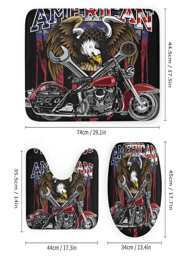 FBMLBRB Brebasf Funny Motorcycle Theme 4 Pcs Shower Curtain Bathroom Set Vintage Anime American Flag Eagle Red Motorcycle Shower Mat Shower Curtain with Rug 12 Hooks,72" W x 72" L - Image 3
