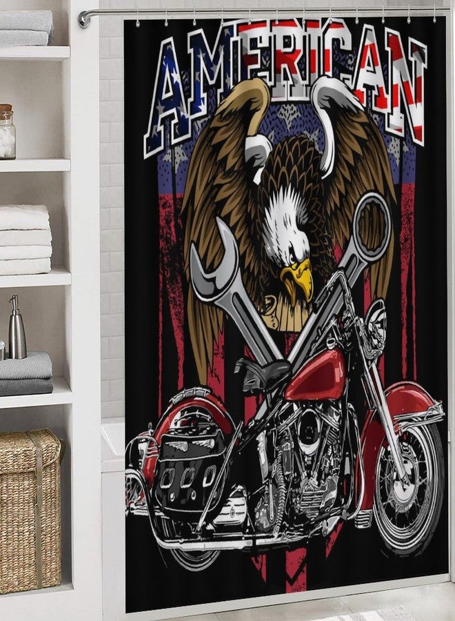 FBMLBRB Brebasf Funny Motorcycle Theme 4 Pcs Shower Curtain Bathroom Set Vintage Anime American Flag Eagle Red Motorcycle Shower Mat Shower Curtain with Rug 12 Hooks,72" W x 72" L - Image 5