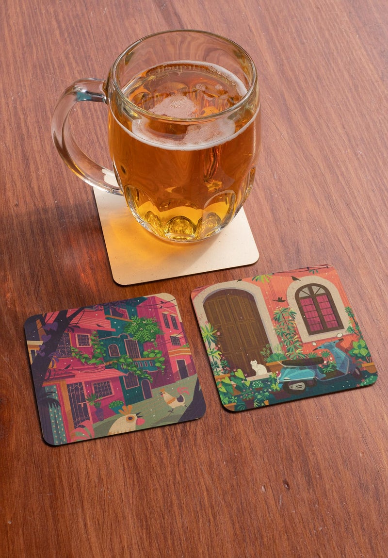 Tajnan Premium Coasters Set of 6 | Shining Glossy Print Wooden Table Coasters | Artistic Indian Streets & Coffee Culture Design | Heat & Water Resistant Home Décor - Image 3