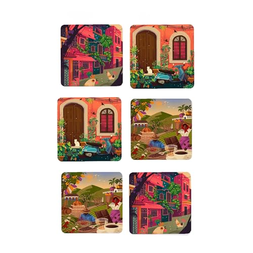 Tajnan Premium Coasters Set of 6 | Shining Glossy Print Wooden Table Coasters | Artistic Indian Streets & Coffee Culture Design | Heat & Water Resistant Home Décor - Image 1