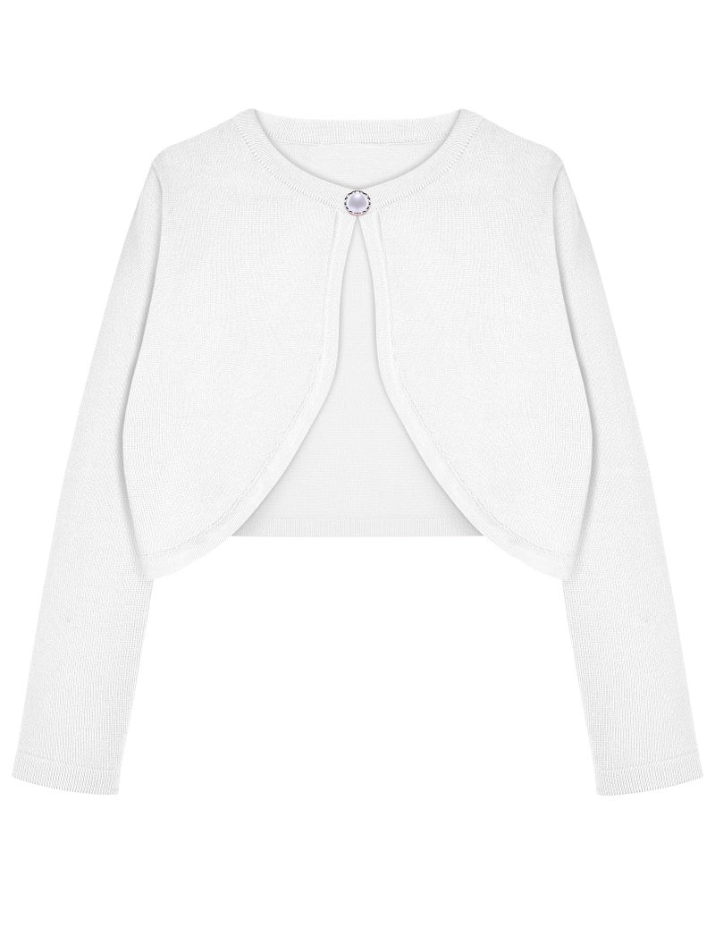 Arshiner Girls Open Front Shrug Cardigan Kids Children Knit Long Sleeve Bolero with Button Closure White 9-10 Years - Image 1