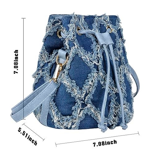 QZUnique Denim Bucket Bags Women Jean Mini Crossbody Purse Drawstring Quilted Tassel Fringe Shoulder Handbag Barrel Shape Satchel Tote Bag - Image 2