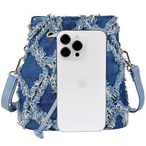 QZUnique Denim Bucket Bags Women Jean Mini Crossbody Purse Drawstring Quilted Tassel Fringe Shoulder Handbag Barrel Shape Satchel Tote Bag - Image 3