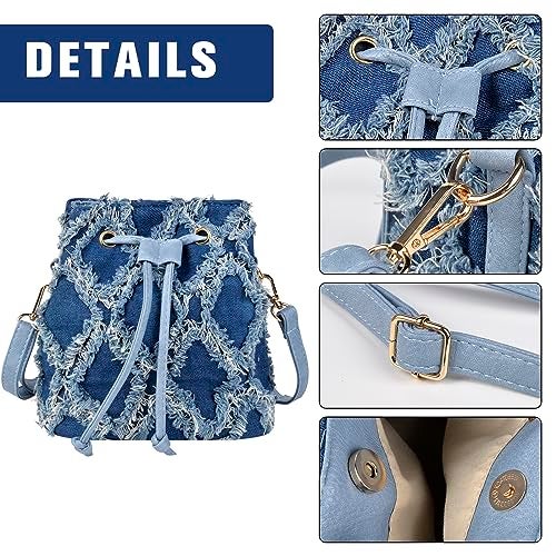 QZUnique Denim Bucket Bags Women Jean Mini Crossbody Purse Drawstring Quilted Tassel Fringe Shoulder Handbag Barrel Shape Satchel Tote Bag - Image 4