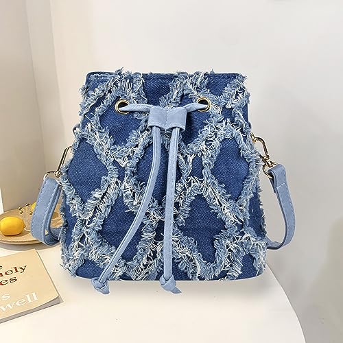 QZUnique Denim Bucket Bags Women Jean Mini Crossbody Purse Drawstring Quilted Tassel Fringe Shoulder Handbag Barrel Shape Satchel Tote Bag - Image 5