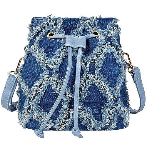 QZUnique Denim Bucket Bags Women Jean Mini Crossbody Purse Drawstring Quilted Tassel Fringe Shoulder Handbag Barrel Shape Satchel Tote Bag - Image 1