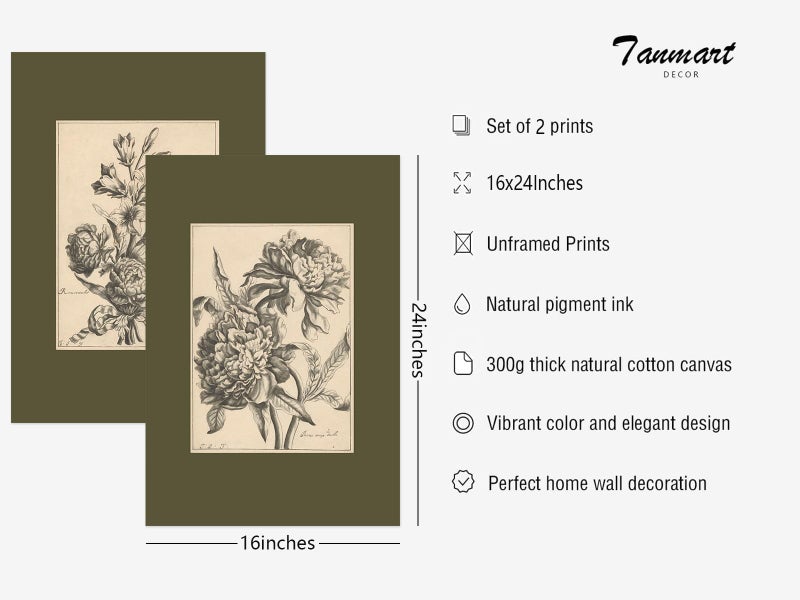 Tanmart فن الجدار لرسم الزهور - ملصق قماش باللون الأخضر المريمي - ديكور جداري نباتي عتيق - مطبوعات زهور البوني - صور باللون الأخضر الداكن - رسم زهور عتيق - لوحة لغرفة النوم أو غرفة المعيشة 16x24 بوصة بدون إطار - Image 2