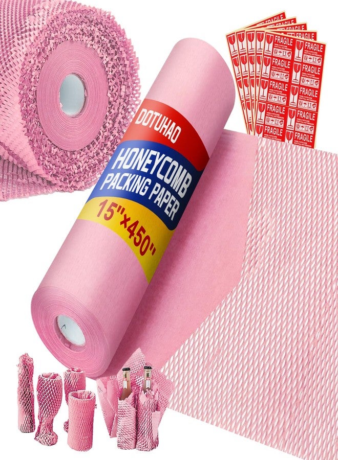 DOTUHAO Pink Honeycomb Packing Paper, 15" x 450' Roll, Recyclable Moving Supplies With Fragile Stickers and Twine - Image 1