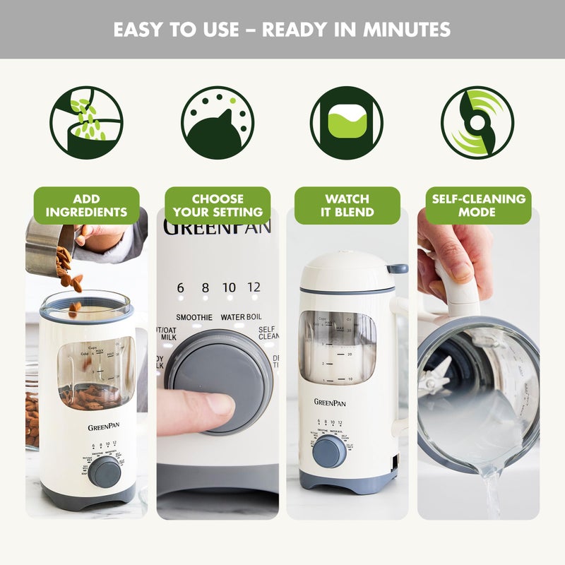 GreenPan Nut Milk Maker, 15-in-1 Homemade Soy, Almond, Oat, Coconut, Non-Dairy, Rice, Soup, Baby Food, BPA-Free, Smooth Creamy Texture, Self Clean, Barista Quality Milk, Delay Start, Boil Water, Cream - Image 2