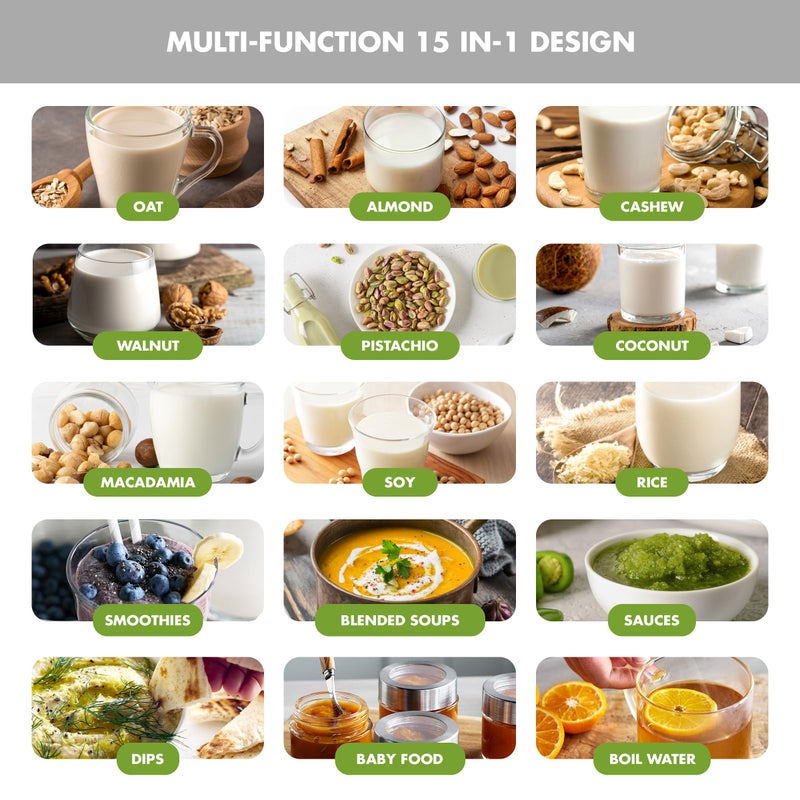 GreenPan Nut Milk Maker, 15-in-1 Homemade Soy, Almond, Oat, Coconut, Non-Dairy, Rice, Soup, Baby Food, BPA-Free, Smooth Creamy Texture, Self Clean, Barista Quality Milk, Delay Start, Boil Water, Cream - Image 3