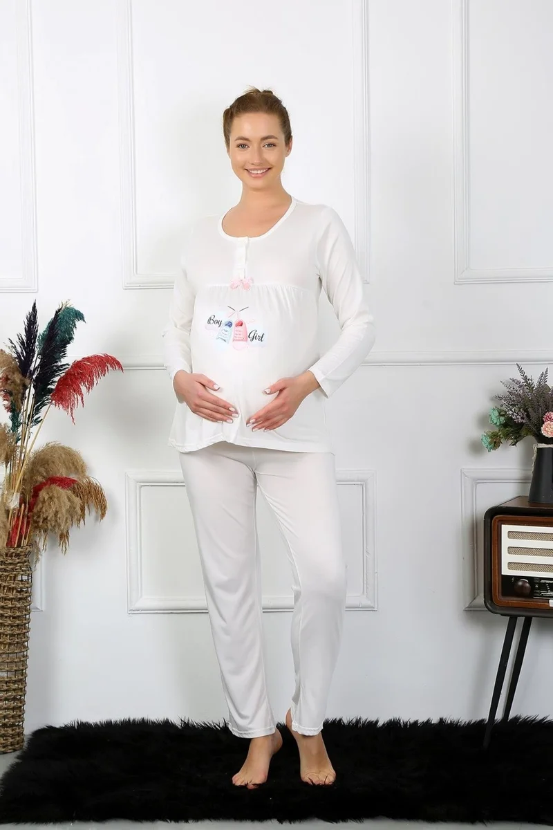 Akbeniz Women's Long Sleeve Maternity Pajama Set Ecru 45501