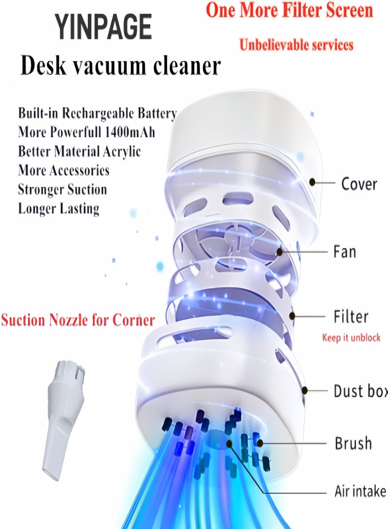 الصفحة الرئيسية مكنسة كهربائية مكتبية، مكنسة مكتبية صغيرة موفرة للطاقة، تصميم قابل للدوران 360 درجة، مناسبة للوحات المفاتيح/المنزل/المدرسة/المكتب - هدية تقنية مثالية (أبيض) - Image 2