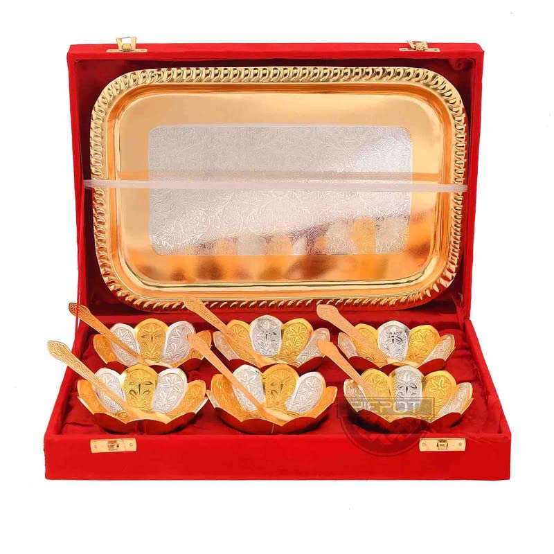 Piepot German Silver Bowl Set | Floral Shape | 6 Bowl, 6 Spoons,1Tray | Gold-Silver Plated Red Velvet Box| Decorative Bowl and Spoon Set | Ideal for Diwali, Wedding & Corporate Gifting - Image 1
