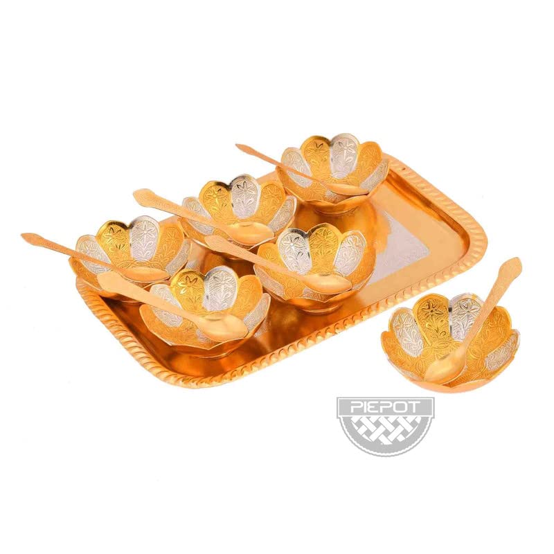 Piepot German Silver Bowl Set | Floral Shape | 6 Bowl, 6 Spoons,1Tray | Gold-Silver Plated Red Velvet Box| Decorative Bowl and Spoon Set | Ideal for Diwali, Wedding & Corporate Gifting - Image 4