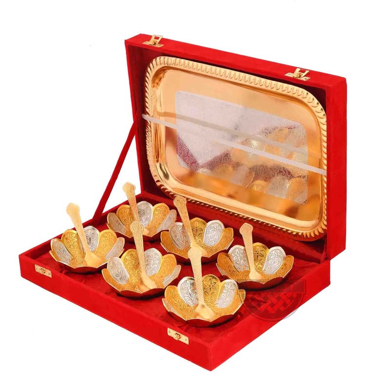 Piepot German Silver Bowl Set | Floral Shape | 6 Bowl, 6 Spoons,1Tray | Gold-Silver Plated Red Velvet Box| Decorative Bowl and Spoon Set | Ideal for Diwali, Wedding & Corporate Gifting - Image 5