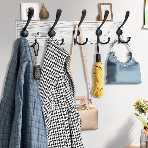 Kuhome Coat Rack Wall Mount Wooden Hat Rack for Wall Hooks Pine Real Wood Plank 16.9" White Coat Hanger with 5 Black Triple Hooks for Hanging Coat Hat Jacket - Image 4
