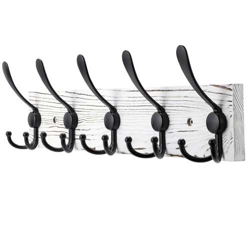 Kuhome Coat Rack Wall Mount Wooden Hat Rack for Wall Hooks Pine Real Wood Plank 16.9" White Coat Hanger with 5 Black Triple Hooks for Hanging Coat Hat Jacket - Image 1