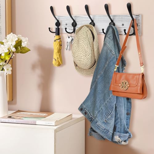 Kuhome Coat Rack Wall Mount Wooden Hat Rack for Wall Hooks Pine Real Wood Plank 16.9" White Coat Hanger with 5 Black Triple Hooks for Hanging Coat Hat Jacket - Image 3