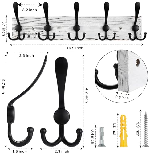 Kuhome Coat Rack Wall Mount Wooden Hat Rack for Wall Hooks Pine Real Wood Plank 16.9" White Coat Hanger with 5 Black Triple Hooks for Hanging Coat Hat Jacket - Image 2