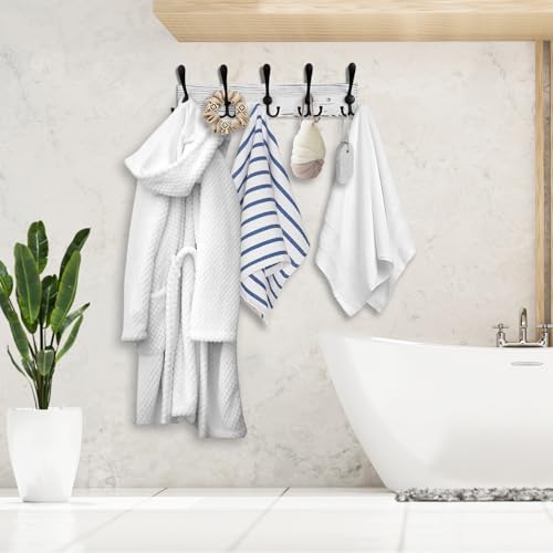 Kuhome Coat Rack Wall Mount Wooden Hat Rack for Wall Hooks Pine Real Wood Plank 16.9" White Coat Hanger with 5 Black Triple Hooks for Hanging Coat Hat Jacket - Image 5