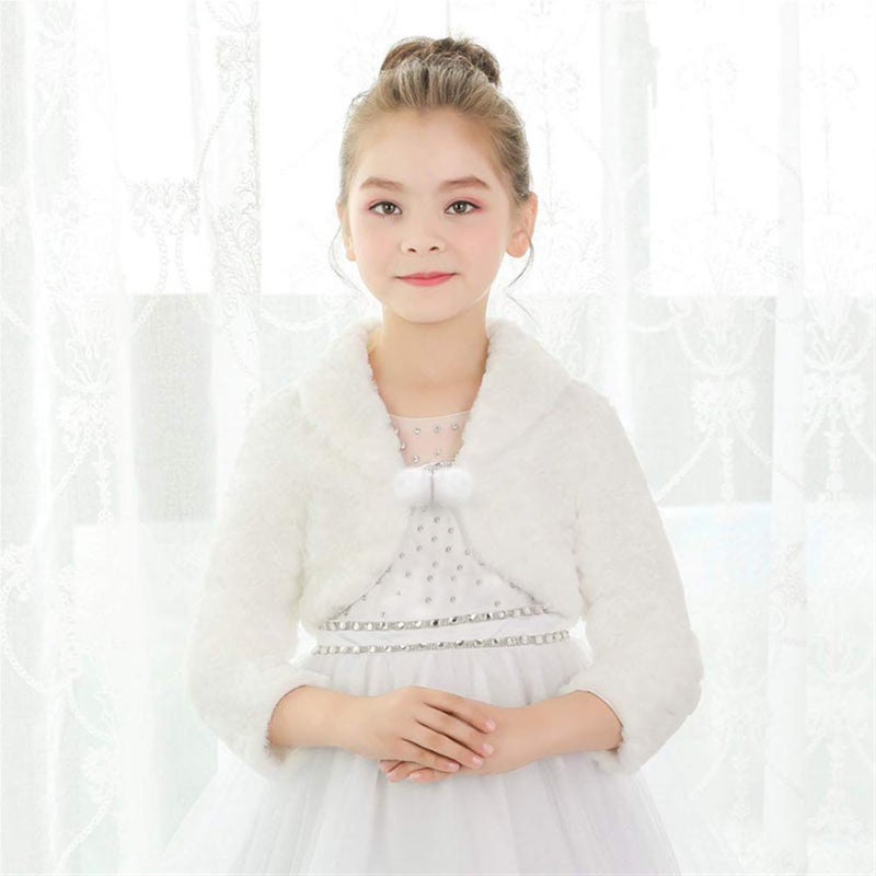 SK Studio Girls Princess Faux Fur Flower Bolero Shrug Party Wedding Dress Up Ivory - Image 3