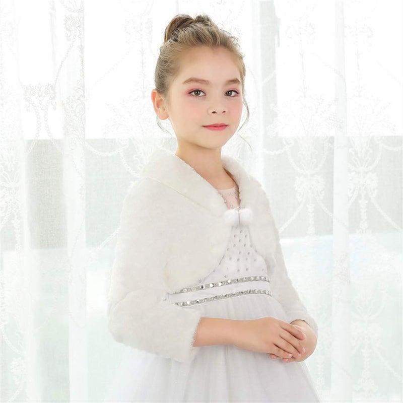 SK Studio Girls Princess Faux Fur Flower Bolero Shrug Party Wedding Dress Up Ivory - Image 4