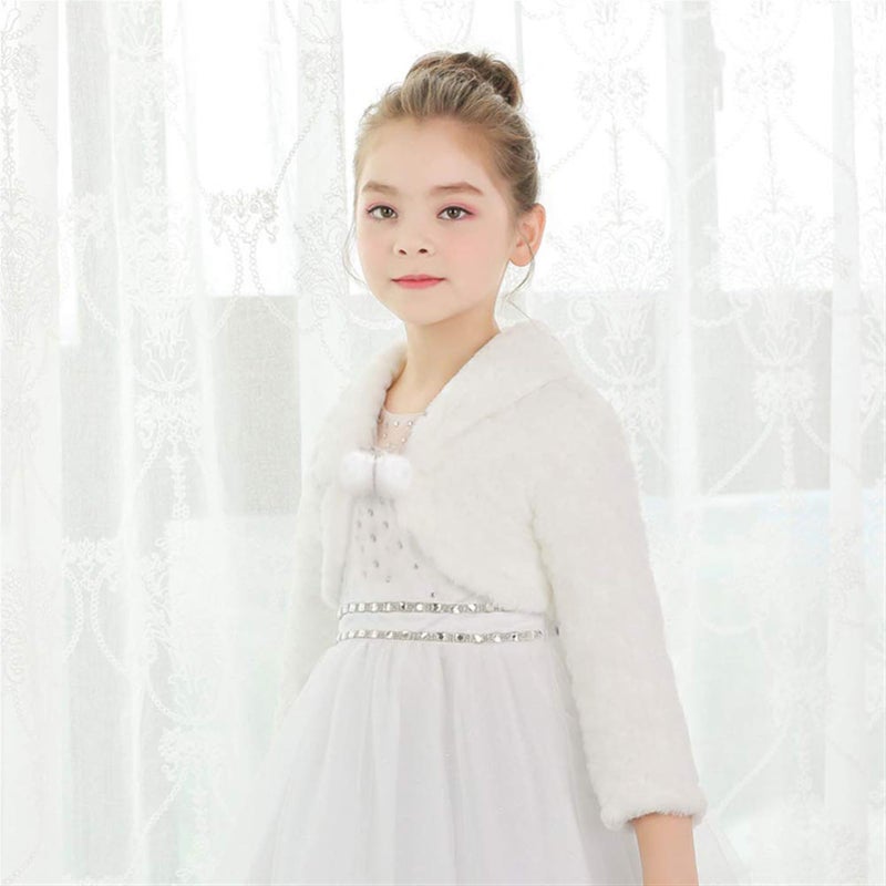 SK Studio Girls Princess Faux Fur Flower Bolero Shrug Party Wedding Dress Up Ivory - Image 5