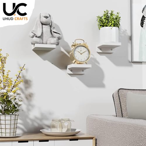 UHUD CRAFTS Small Floating Shelves, Set of 3 Shelves for Wall Decor & Storage | Wall Mounted Home Decor Small Wall Shelf | Mini Display Shelf for Living Room, Bathroom, Kitchen & Bedroom Decor - White - Image 2