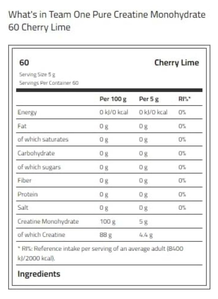 Team One Creatine Monohydrate Cherry Lime 60 Servings  - Image 2