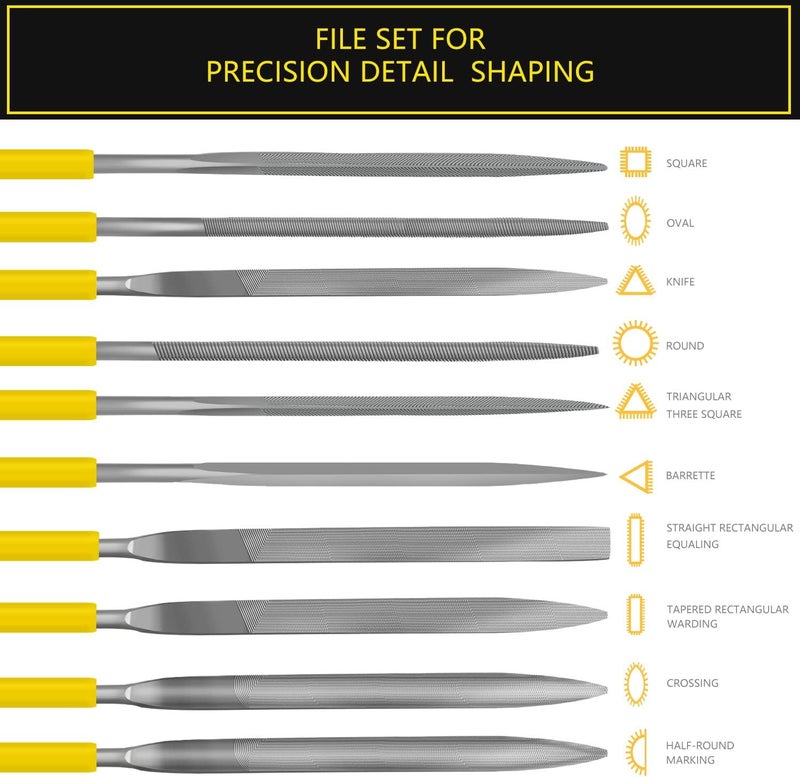 kapoua Needle File Set, 10 Pieces Hand Metal Files, Hardened Alloy Strength Steel Set Includes Flat, Round, Half-Round, Triangular, Square, Oval, Crossing, and Barrette File - Image 2