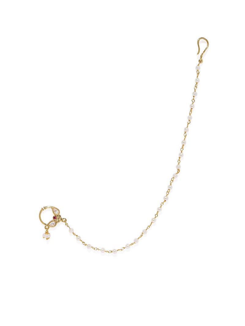 ACCESSHER Gold Plated Traditional and Ethnic Ruby Kundan Embellished Delicate Clip On/Non-Piercing Nose Ring/Nathani with Pearl Chain for Women, 30g (Pack of 1) - Image 1