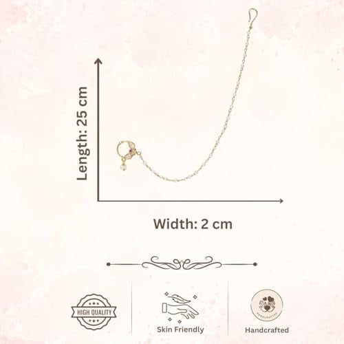 ACCESSHER Gold Plated Traditional and Ethnic Ruby Kundan Embellished Delicate Clip On/Non-Piercing Nose Ring/Nathani with Pearl Chain for Women, 30g (Pack of 1) - Image 5