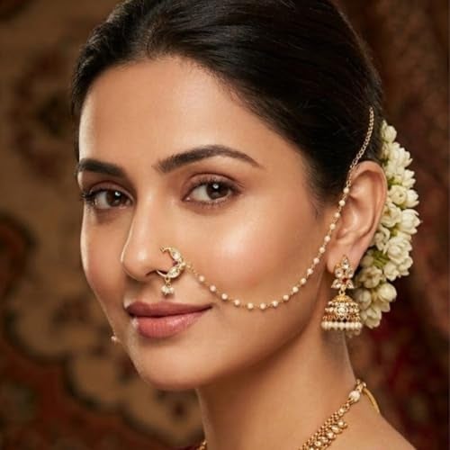 ACCESSHER Gold Plated Traditional and Ethnic Ruby Kundan Embellished Delicate Clip On/Non-Piercing Nose Ring/Nathani with Pearl Chain for Women, 30g (Pack of 1) - Image 4