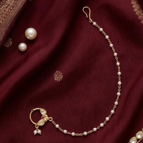 ACCESSHER Gold Plated Traditional and Ethnic Ruby Kundan Embellished Delicate Clip On/Non-Piercing Nose Ring/Nathani with Pearl Chain for Women, 30g (Pack of 1) - Image 2