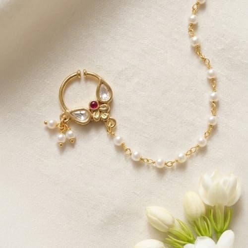 ACCESSHER Gold Plated Traditional and Ethnic Ruby Kundan Embellished Delicate Clip On/Non-Piercing Nose Ring/Nathani with Pearl Chain for Women, 30g (Pack of 1) - Image 3