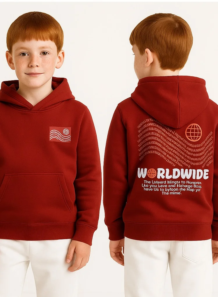 victor and jane Boys' Maroon "Worldwide" Printed Hooded Sweatshirt