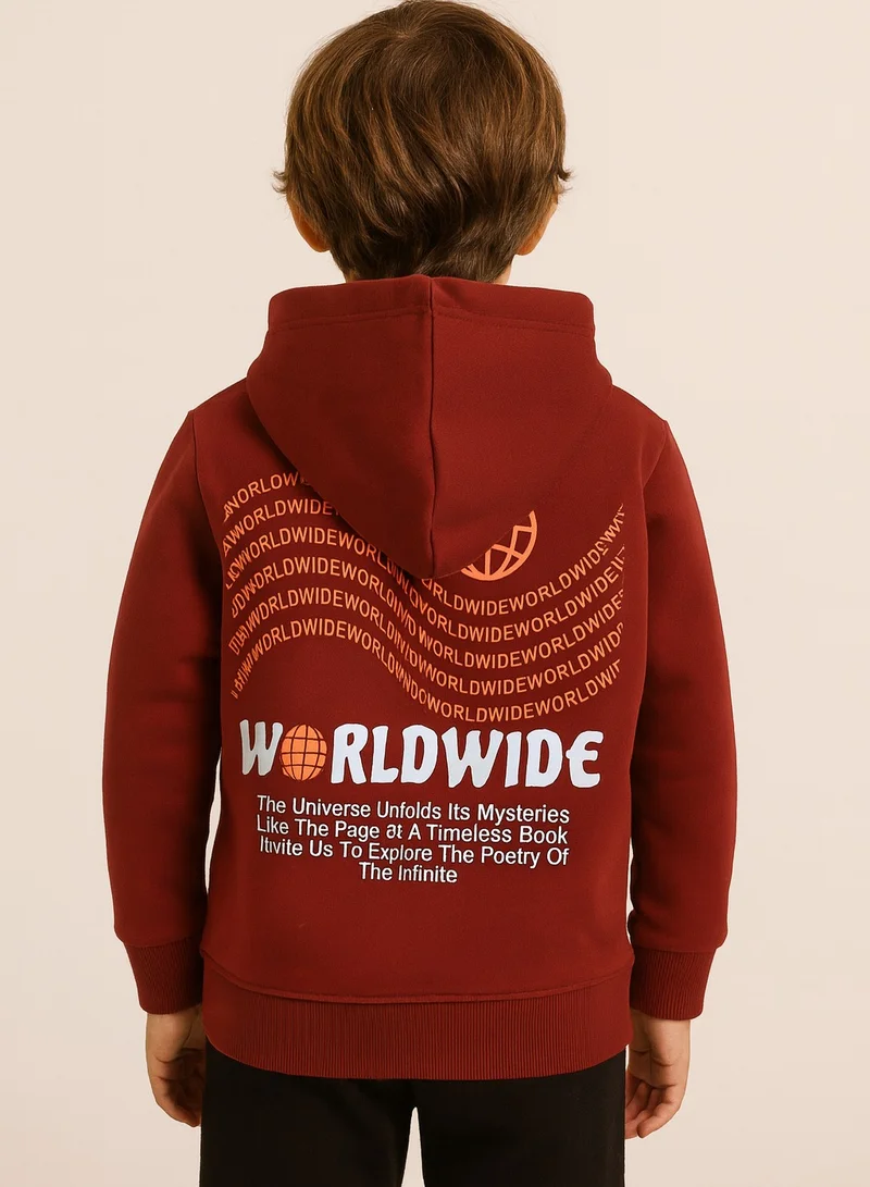 victor and jane Boys' Maroon "Worldwide" Printed Hooded Sweatshirt