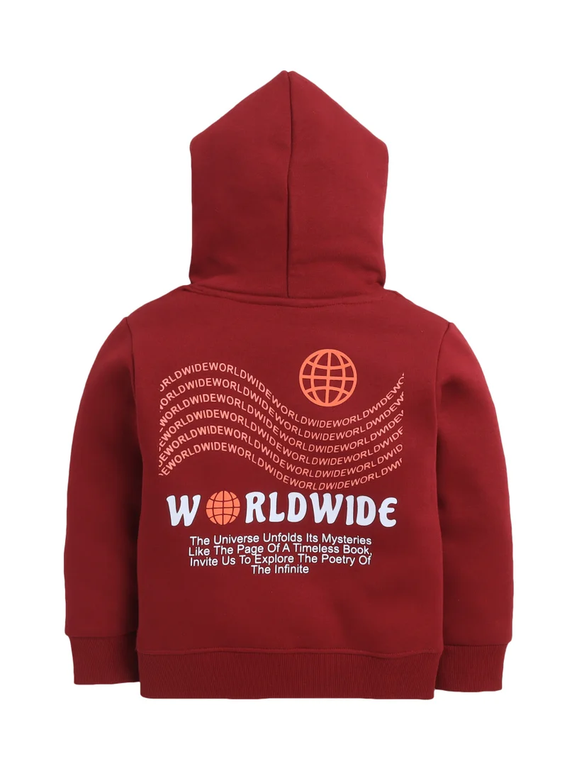 victor and jane Boys' Maroon "Worldwide" Printed Hooded Sweatshirt