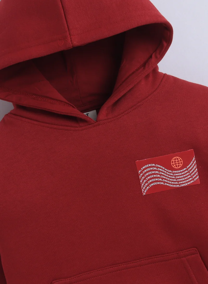 victor and jane Boys' Maroon "Worldwide" Printed Hooded Sweatshirt