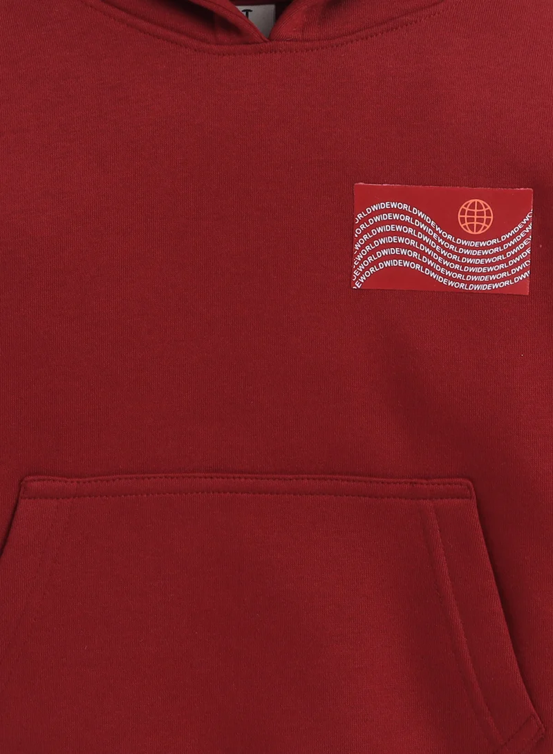 victor and jane Boys' Maroon "Worldwide" Printed Hooded Sweatshirt