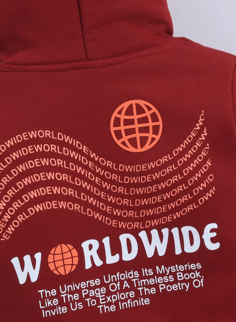 victor and jane Boys' Maroon "Worldwide" Printed Hooded Sweatshirt