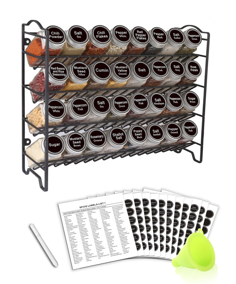 SWOMMOLY Spice Rack Organizer with 32 Glass Spice Jars 396 Spice Labels Chalk Marker and Funnel Complete Set for Cabinet Countertop Cupboard or Wall Mount Black