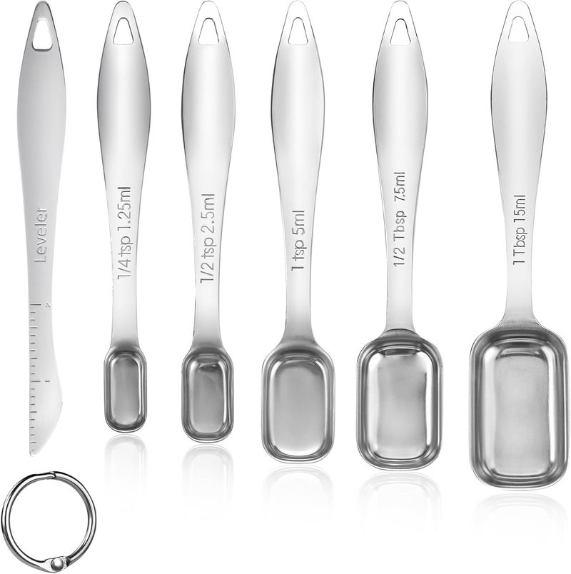 U-Taste Narrow Square Measuring Spoons: 18/8 Stainless Steel Kitchen Measure Teaspoon Tablespoon with Leveler, Polygon Rectangular Metal Jar Scoop for Baking Cooking, Coffee, Spice, Powder (Set of 6) - Image 1