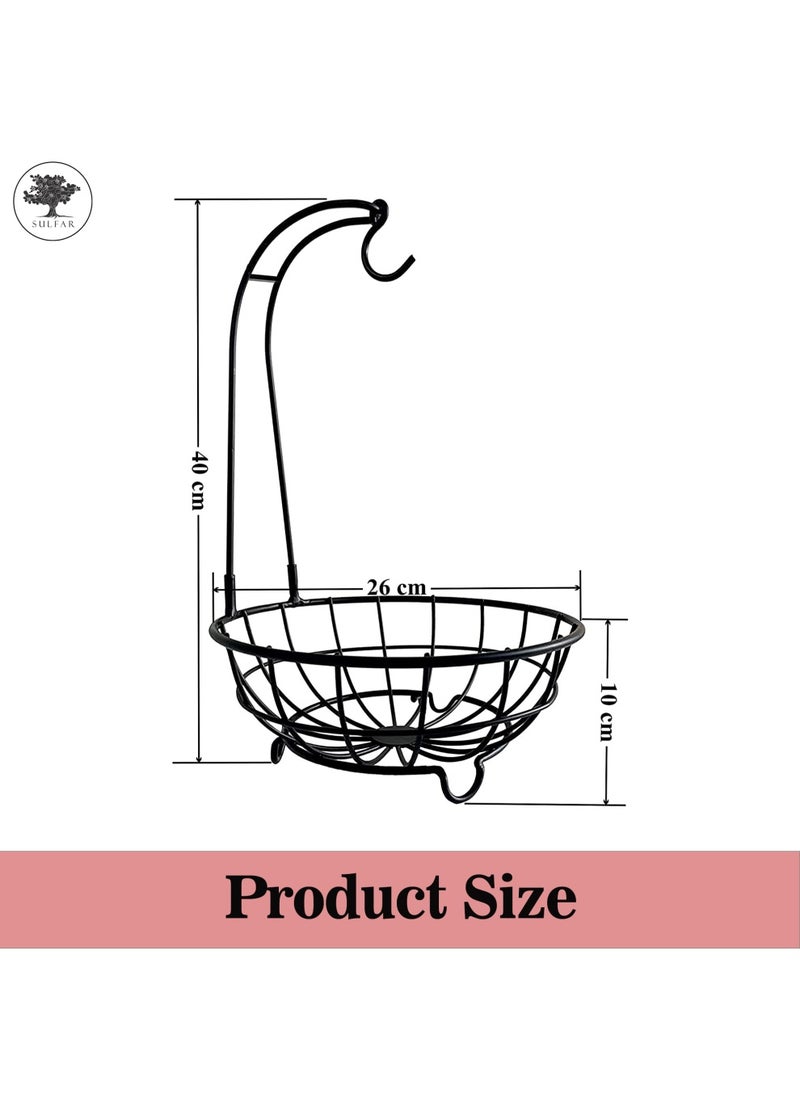 sulfar Mild Steel Fruit Bowl with Detachable Banana Holder / Fruit & Vegetable Basket / Vegetable Stand / Banana Stand with Hook for Dining Table Kitchen (Black)  - Image 2