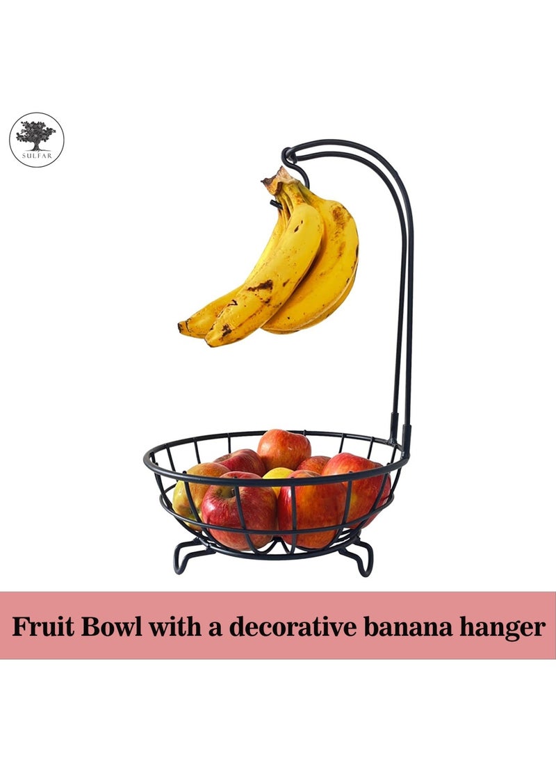 sulfar Mild Steel Fruit Bowl with Detachable Banana Holder / Fruit & Vegetable Basket / Vegetable Stand / Banana Stand with Hook for Dining Table Kitchen (Black)  - Image 3