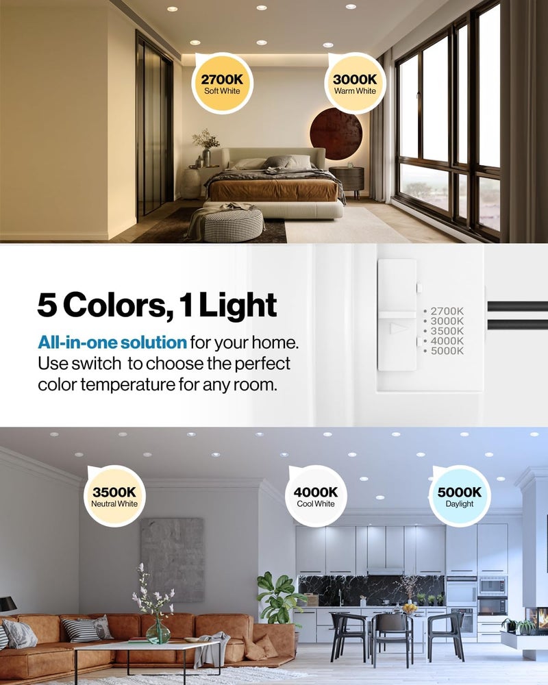 Sunco Lighting أضواء LED مدمجة من صنكو 6 عبوات 4 بوصة، إضاءة قابلة للتعديل، 660 لومن، 11 واط (ما يعادل 40 واط)، درجة حرارة لون قابلة للاختيار 2700K/3000K/3500K/4000K/5000K، قابلة للتعتيم، حواف عازلة، مجموعة تحويل بديلة مع شهادة UL - Image 2