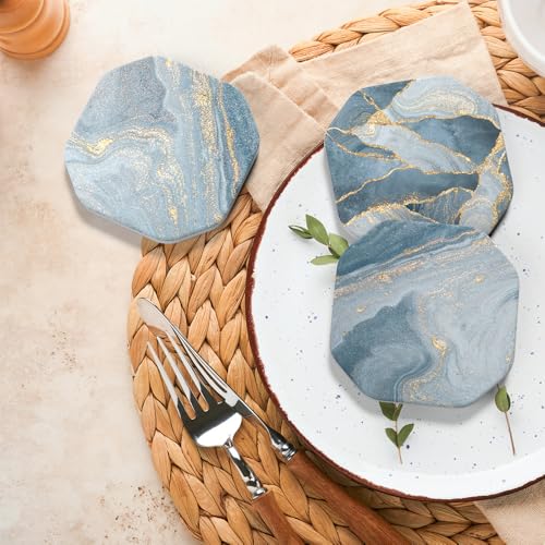 UMIRRO Ceramic Stone Coasters for Drinks Absorbent with Holder for Wooden Coffee Table, Stoneware Cup Coasters for Iced Cold or Hot Drinks, Navy Blue Marble Style, Gold, 4" Set of 6 - Image 2