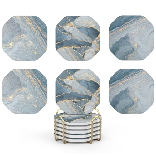 UMIRRO Ceramic Stone Coasters for Drinks Absorbent with Holder for Wooden Coffee Table, Stoneware Cup Coasters for Iced Cold or Hot Drinks, Navy Blue Marble Style, Gold, 4" Set of 6 - Image 1