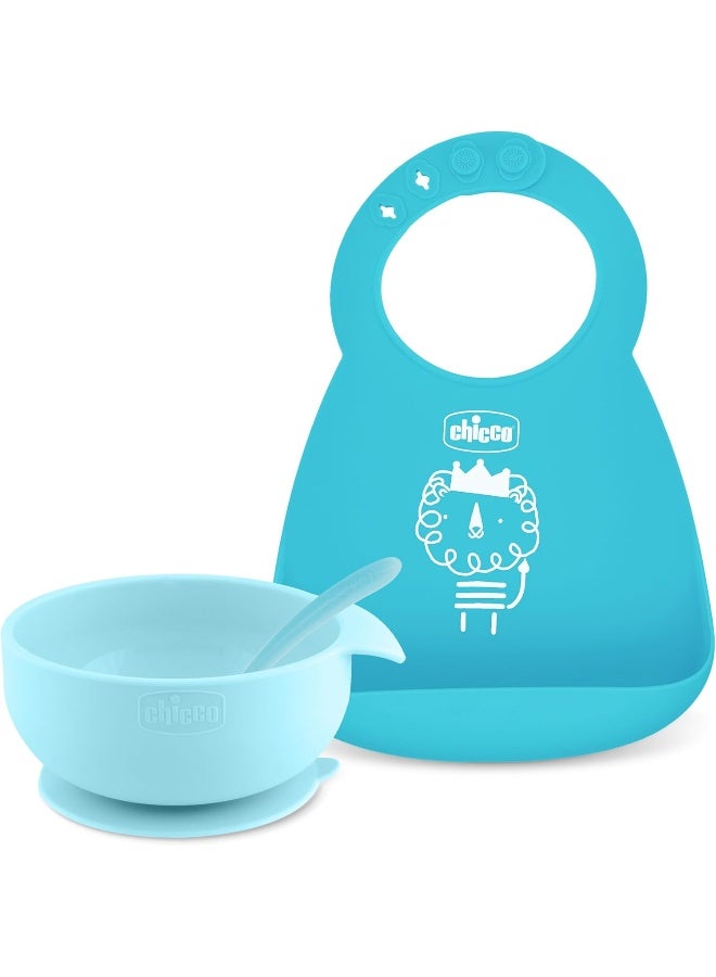 Chicco Easy Start Silicone Feeding Set | Dishes for Baby-Led Weaning | Suction Bowl | Adjustable Silicone Bib | Soft Silicone Spoon | BPA-Free | 3 Piece Set | 6m+ | Teal - Image 1